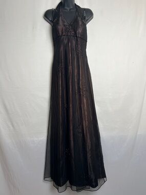 Morgan & Co. Black Beaded Halter Evening Gown